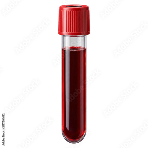 Medical Blood Sample in Laboratory Test Tube with Red Cap Isolated on White Background for Diagnostic Clinical Analysis