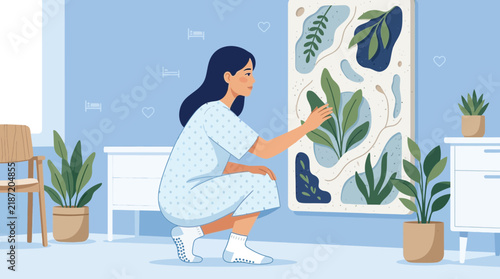 Woman admiring abstract botanical art in a calm, light-filled room