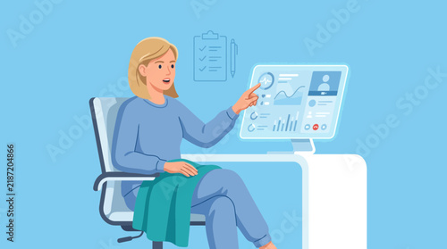 Woman analyzes data on computer screen, business analytics, digital interface
