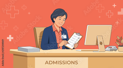 Woman Admissions Officer with Clipboard and Computer - Isolated