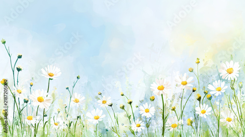 Beautiful watercolor painting of white daisies in field under blue sky, evoking sense of tranquility and nature beauty