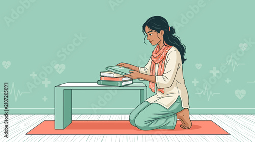 Woman Arranging Books on Table with Health Icons Background