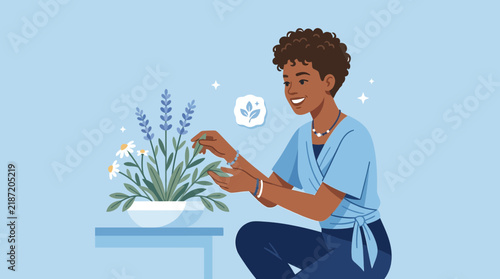 Woman Arranging Lavender and Daisies, Relaxing Hobby, Isolated