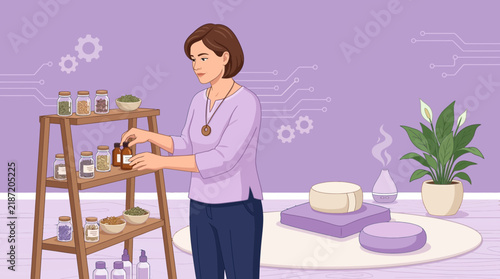 Woman Arranging Jars on Shelves, Aromatherapy and Wellness Concept
