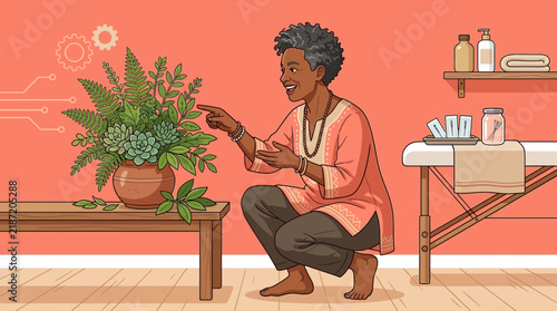 Woman arranging plants in spa, digital integration