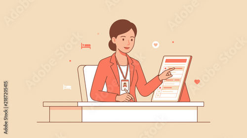 Woman At Desk, Pointing At Tablet Screen With Checklist, Isolated Transparent Background