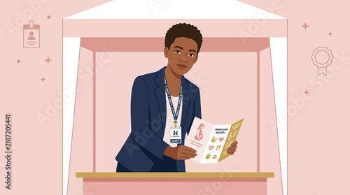 Woman at exhibition booth holding brochure with confidence