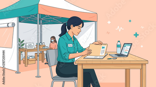Woman at desk with laptop, outdoors medical tent, health check