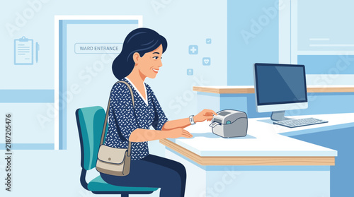 Woman at hospital reception desk using a label printer