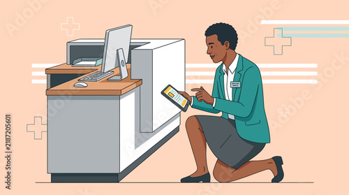 Woman at reception desk using tablet, digital information, isolated