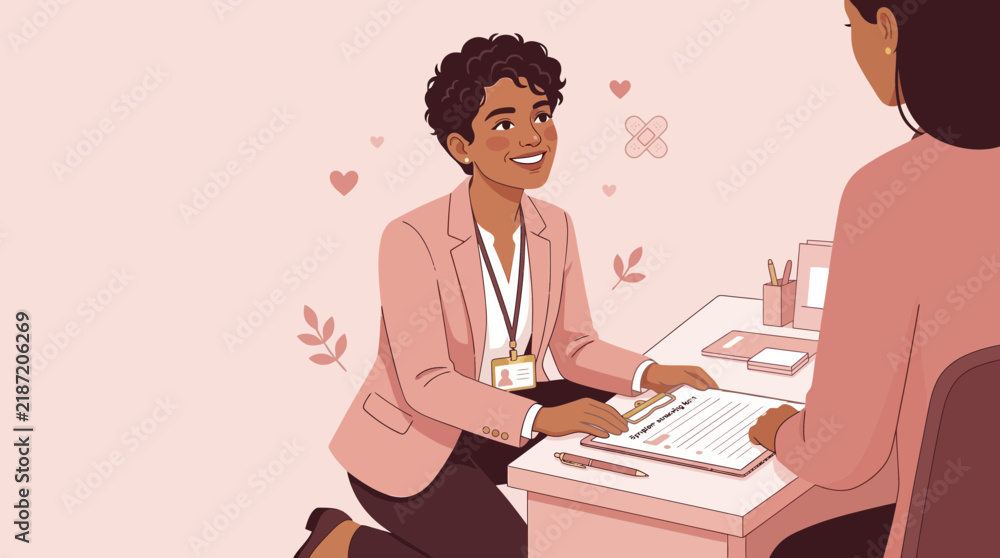Obraz premium Smiling Woman in Blazer at Desk with Document, Isolated Transparent Background