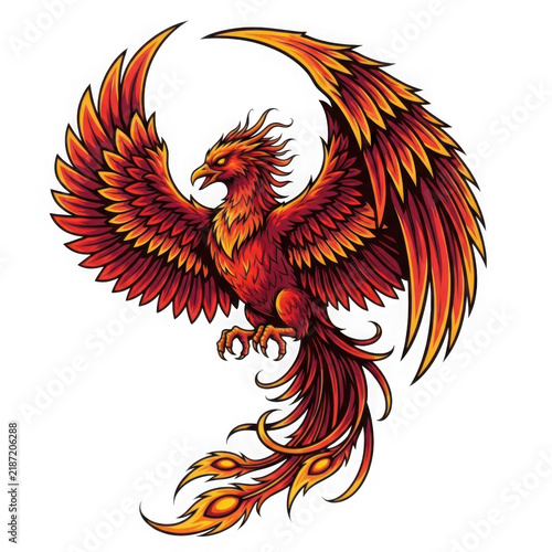 Red and orange mythical phoenix bird with wings spread