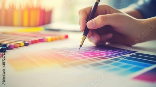 Designer Selecting Colors from Palette Chart with Pencil