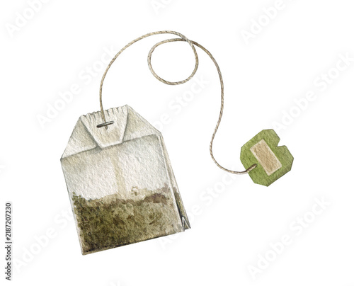 Herbal tea bag with dried botanical leaves isolated on background. Hand painted watercolor illustration for tea packaging, labels, natural wellness branding, apothecary and organic product design.