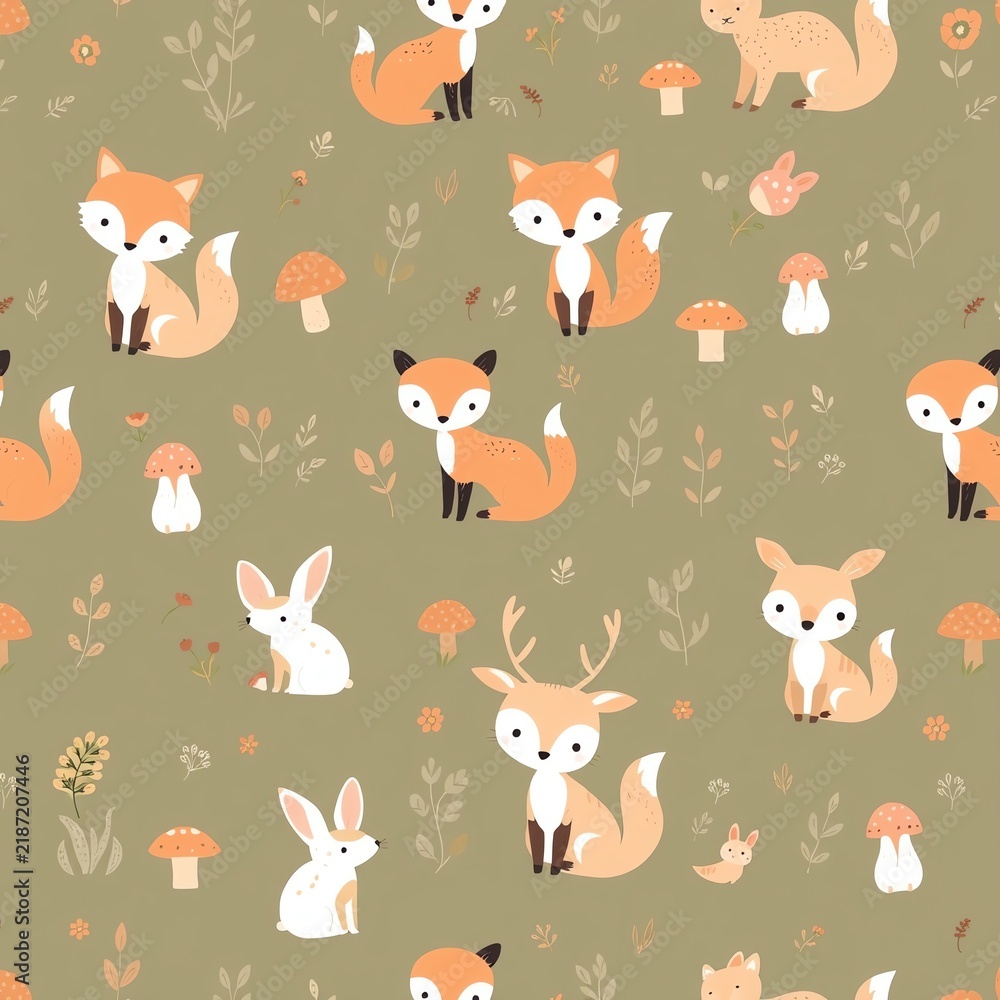Naklejka premium A charming pattern featuring cute foxes, rabbits, and deer amidst whimsical mushrooms and foliage, perfect for nature-themed designs and children's products.