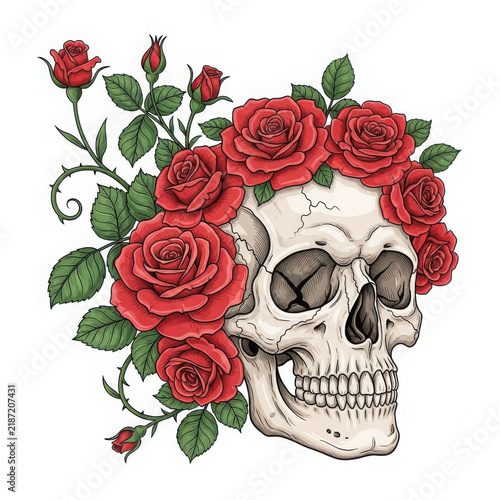 Skull decorated with red roses in a floral design