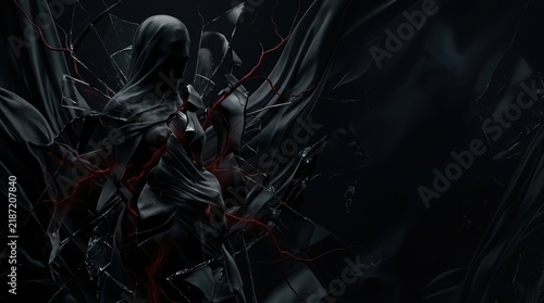 Abstract Psychological Horror Banner with Shrouded Figure, Broken Glass, and Red Veins on Dark Obsidian Background