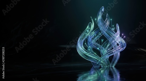 Abstract 3D glass sculpture representing mental health data trends, glowing fiber-optic nodes on polished black surface with negative space for luxury advertising.