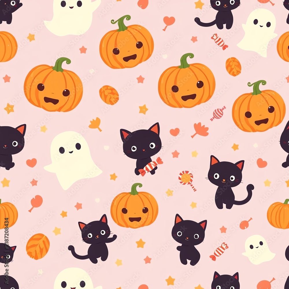 Fototapeta premium A whimsical illustration featuring playful black cats, smiling pumpkins, and cheerful ghosts set against a pastel pink background, perfect for capturing the spirit of Halloween.