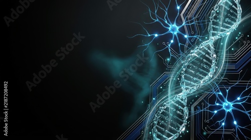 Futuristic DNA Helix and Neural Network AgeTech Banner on Black Background