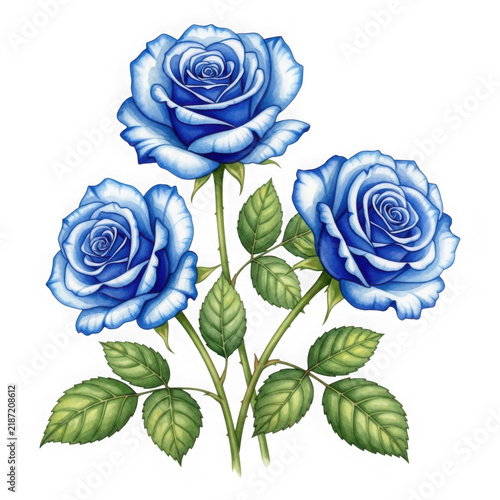 Three blue roses in a vase with green leaves on white background