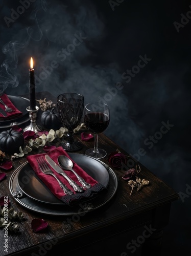 Gothic Halloween Table Setting with Black Plates, Red Napkin, and Silver Cutlery in Moody Atmosphere with Copy Space
