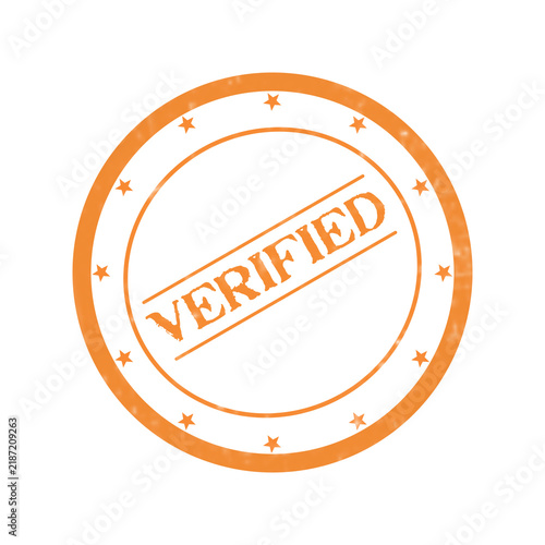 Orange round rubber stamp with the word verified written inside in a classic bold capital letter font style