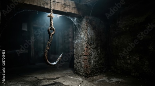 Rusted Meat Hook in Dark Horror Basement Cinematic Advertising Background with Negative Space