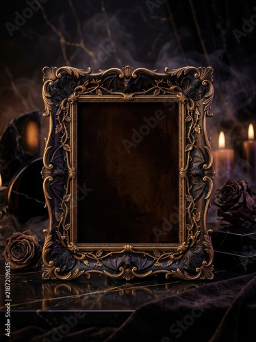 Ornate Gothic Halloween Frame with Gold Filigree and Bat Motifs on Black Marble