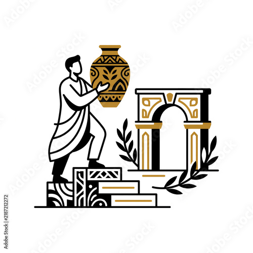 Ancient Greek or Roman Archeology Illustration with Man Holding Ornate Amphora Vase Near Classical Arch