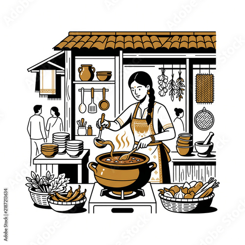 Traditional Asian Street Food Kitchen Illustration with Woman Cooking Soup in Clay Pot at Local Market Stall
