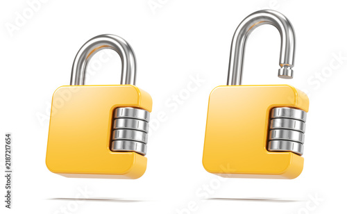 Naklejka Locked and opened code padlocks isolated on transparent background. Safety and security concept. Padlock icon