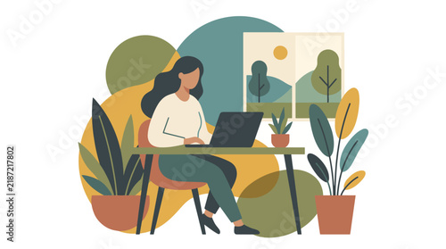 Woman Working on Laptop at Home Desk Illustration Remote Work Freelancer Houseplants and Landscape Window in Muted Earth Tones