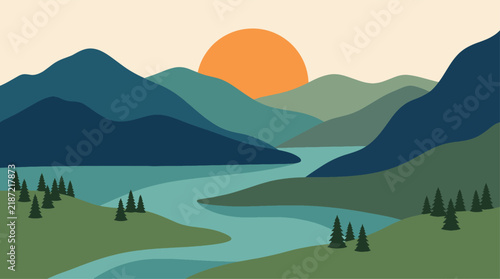Minimalist Mountain Landscape Vector Winding River Orange Sunset Sun Pine Trees Valley and Blue Peaks in Earthy Muted Tones
