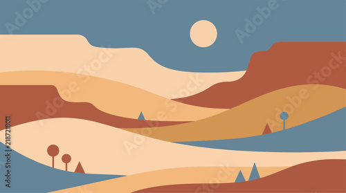 Desert Canyon Landscape Vector Abstract Sand Dunes Rock Formations Full Moon and Cacti in Terracotta Slate Blue and Palette