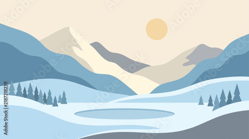 Winter Mountain Landscape Vector Frozen Lake Snow Covered Valley Pine Trees Sun and Snowy Peaks View in Soft Blue Palette
