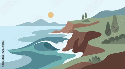 Coastal Ocean Cliffs Landscape Vector Minimalist Sea Waves Crashing Shoreline Trees Sun and Mountains View in Earthy Muted Tones