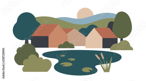 Lake House Countryside Landscape Vector Minimalist Village Pond Cottages Water Lilies Cattails and Sunset Hills in Earthy Muted Tones