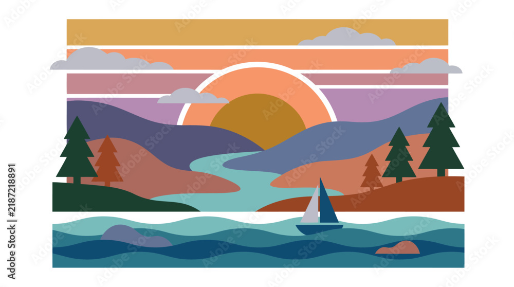 Naklejka premium Retro Sunset Mountain Landscape Vector Sailboat on River Ocean Water Pine Trees Forest Scenic View in Vintage Pastel Tones