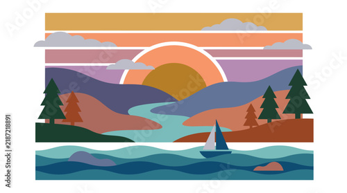 Retro Sunset Mountain Landscape Vector Sailboat on River Ocean Water Pine Trees Forest Scenic View in Vintage Pastel Tones