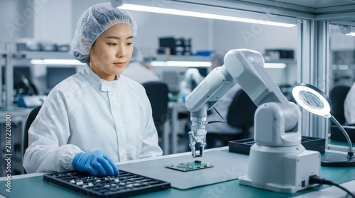 Obraz na płótnie Precision assembler seated beside a tabletop cobot placing an electronic component