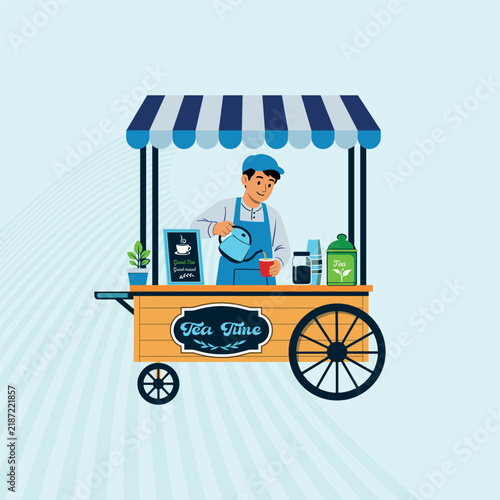 Tea cart illustration depicts a vendor pouring a beverage vector