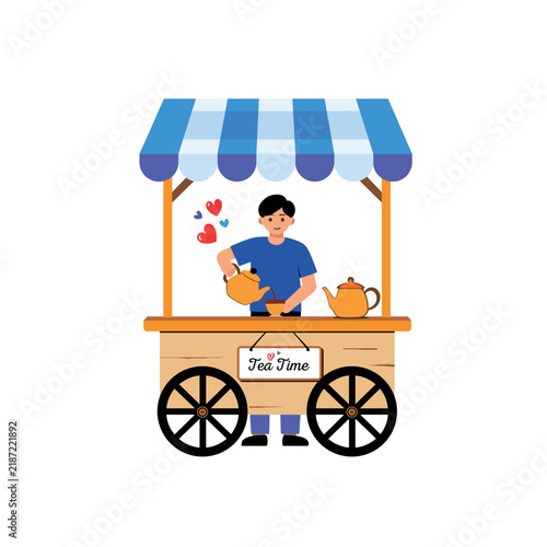 Tea cart illustration features vendor pouring from teapot colorful awning
