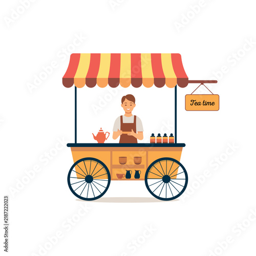 Tea cart with vendor stands ready on a white background