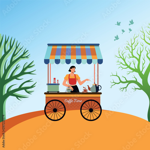 Coffee cart illustration depicts a vendor serving drinks outdoors stall