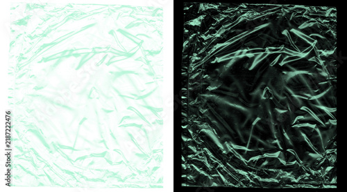 Crumpled plastic texture set, teal wrinkled cellophane foil background, abstract creased film overlay for graphic design