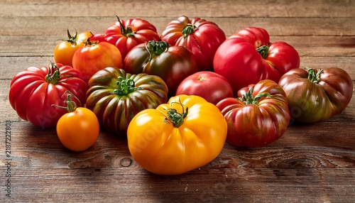 A Variety Of Fresh Multicolored Tomatoes On A Wooden Table
