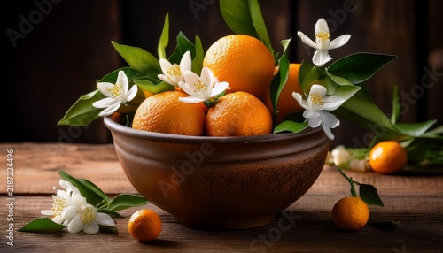 A Rustic Bowl Filled With Orange Blossoms And Unripe Oranges On A Wooden Table