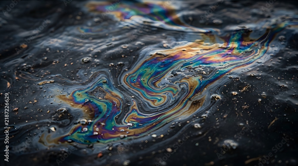 Obraz premium Iridescent oil slick floating on wet dark asphalt surface