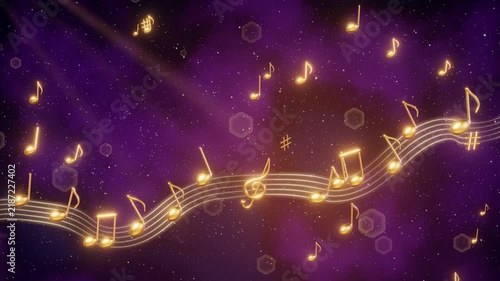 Golden music notes flowing along a glowing musical staff through purple nebula haze with sparkling gold dust and bokeh, seamless loop 4K background